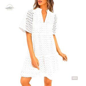 Summer Eyelet Mini Dress V-Neck Short Sleeve A-Line Boho Beach